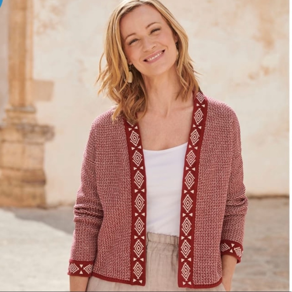 Woolovers New Womens Open Embroidered Placket Carmine Red/Cream Cardigan Size M